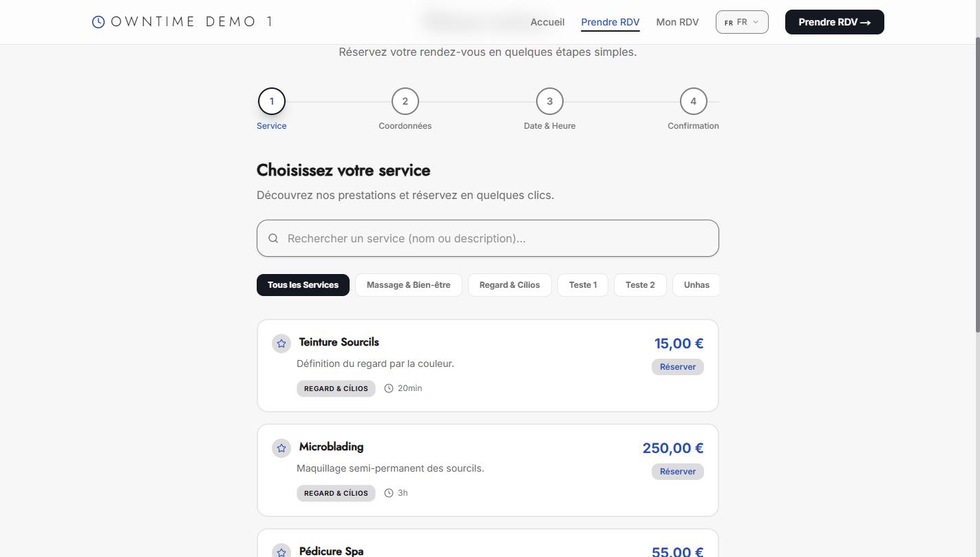 Choix des prestations dans le parcours de réservation.