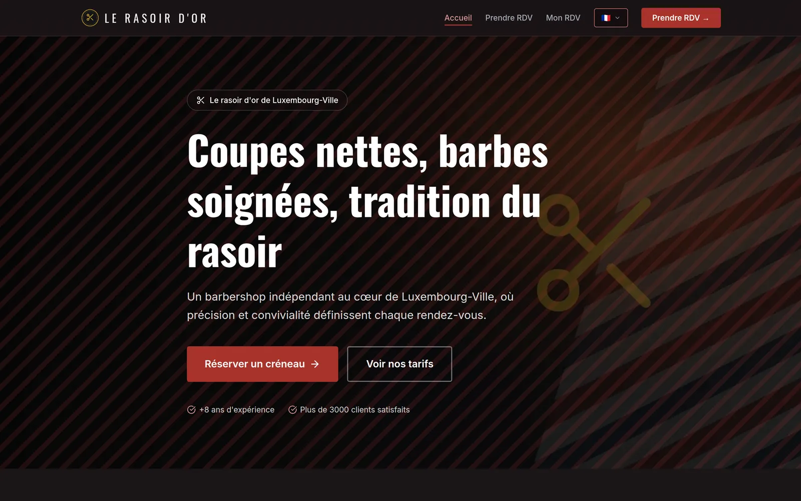 Page d'accueil d'un barbier sur OwnTime, avec son nom, ses couleurs et son bouton de réservation.