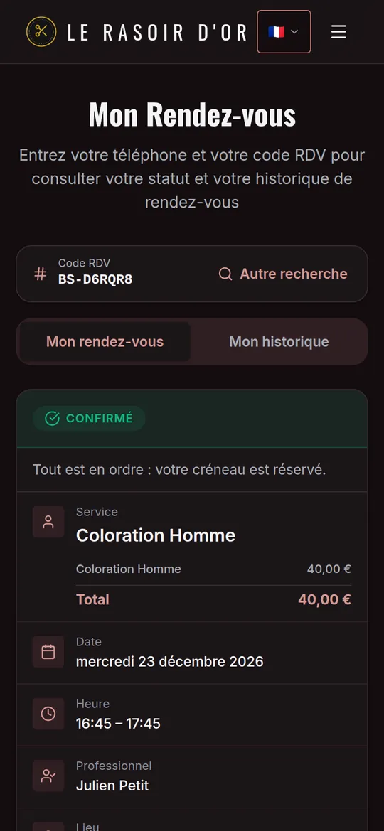 La page « Mon RDV » : prestation, date, professionnel, adresse et bouton pour changer la date.