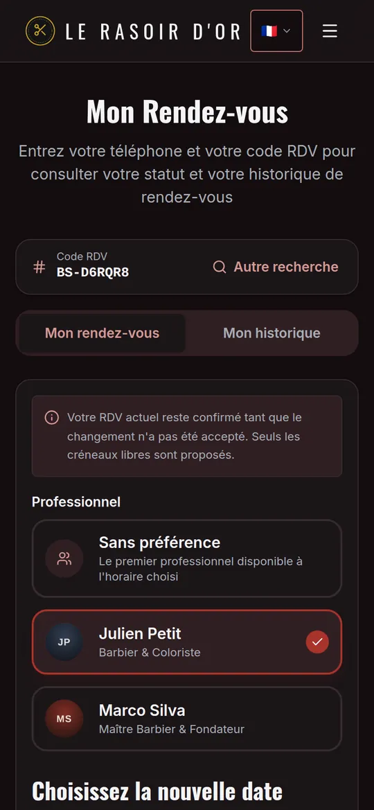 Changement de date par le client, avec le choix d'un autre professionnel.