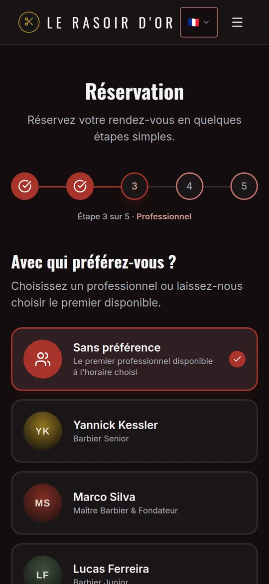 Côté client : choisir un professionnel, ou « sans préférence » pour le premier disponible.